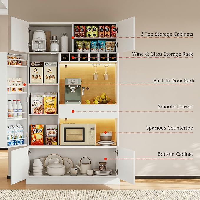 iPormis 69" Tall Kitchen Pantry Storage Cabinet with LED Lights & Microwave Stand & Wine Rack, Kitchen Hutch with Door Shelves & Adjustable Shelf & Drawers & Charge Station for Living Room, White