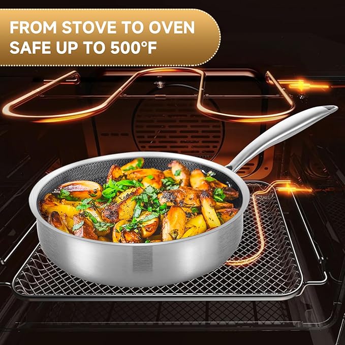 LOLYKITCH 3 Quarts Hybrid Stainless Steel Nonstick Saut챕 Pan,Skillet,10 Inch Induction Deep Frying Pan,Dishwasher and Oven Safe,Riveted Handle.
