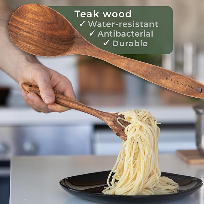 WALDWERK Wooden Spoons for Cooking ??9-Piece Kitchen Utensils Set with Spatula, Tongs, Whisk, Wooden Spoons & Pasta Server ??Wooden Utensil Set ??Utensil Sets - Cooking Utensils - Non Toxic