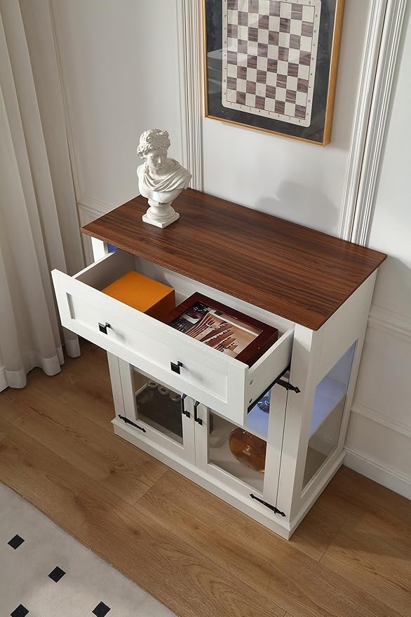31.5'' Modern Small Buffet Cabinet with Storage,Buffet Sideboard with Two Glass Doors and a Drawer,Small Coffee bar Cabinet with Adjustable Shelf,for Kitchen,Antique White