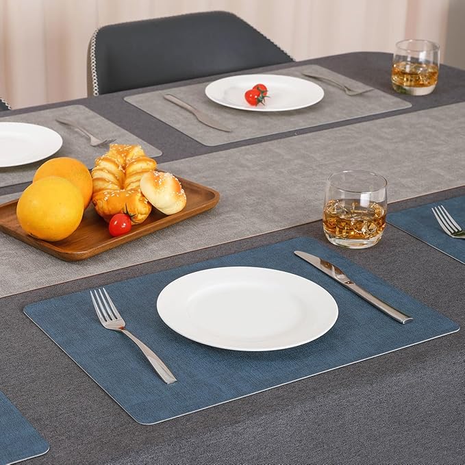 Myir JUN Reversible Vinyl Placemats Set of 8, Faux Leather Place Mats Dual Sided Waterproof Wipeable, Heat-Resistant Table Mats for Kitchen Dining Indoor Outdoor (12" x 17", Light Gray Navy Blue)