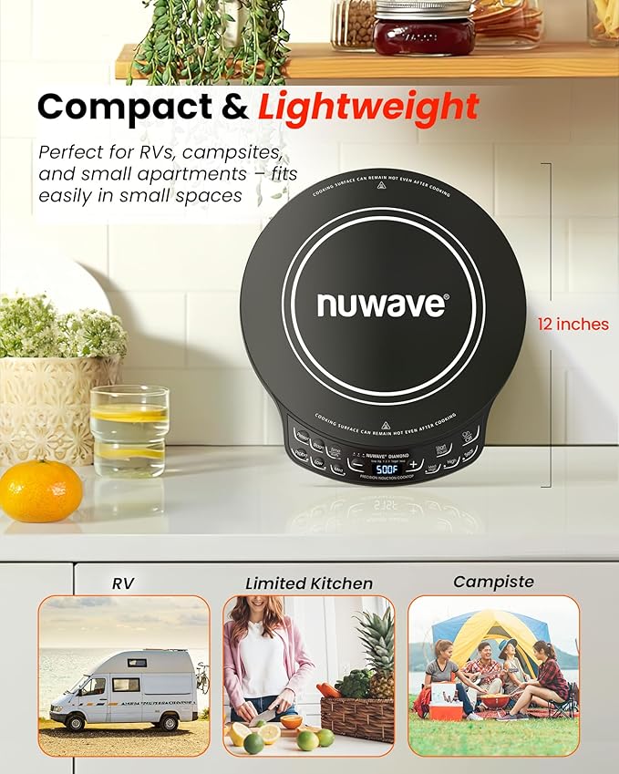 Nuwave Portable Induction Cooktop Diamond with Probe, Advanced Countertop Burner, 91 Temps from 100째F to 500째F, 12?쒾hatter-Proof Ceramic Glass & 6.5?쒱eating Coil, Ideal for RV Camp,Small Apt,Travel