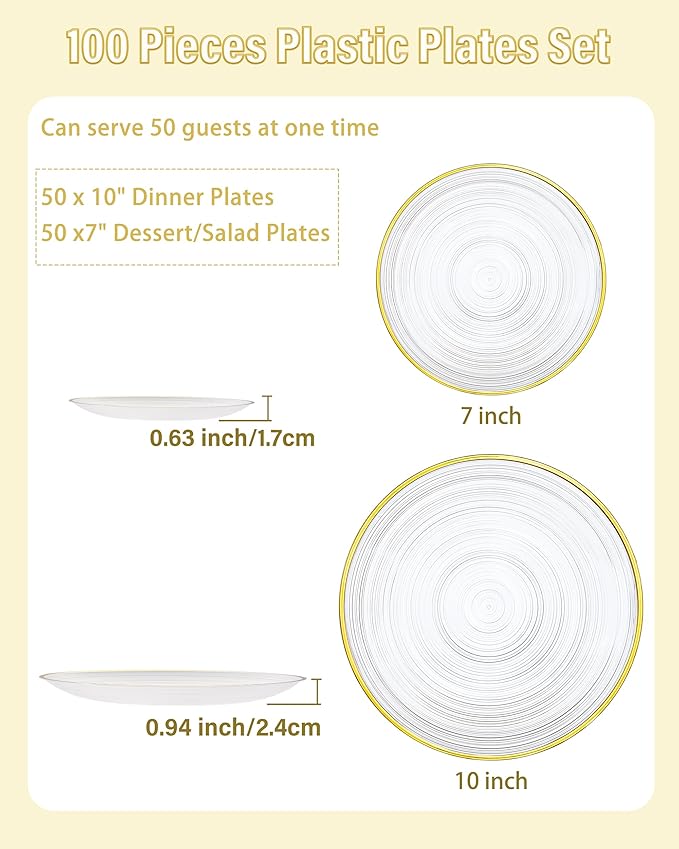 Morejoy 100Pcs Clear Plastic Plates,Clear Disposable Plates With Gold Rim,Heavy-duty Gold Plate, Modern swirl design Plate Include 50Clear Dessert-Platos,50Dinner-Platos for Party&Christmas