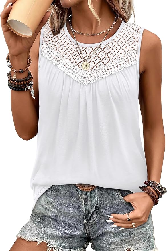 XIEERDUO Womens Tank Tops Sleeveless Lace Crochet Boho Tops Loose Fit Pleated Tunics Crewneck Summer Vacation Outfits Flowy