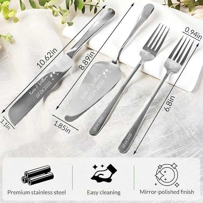 HJX Personalized Cake Knife and Server Set for Wedding - Engraved Stainless Steel Cake Cutting Set, Custom Elegant Cake Cutter Gift for Anniversary Birthday (06-Gift Box Silver)