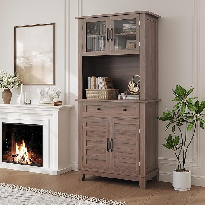 Elegant Brown Modern Wood Pantry Coffee Cabinet with Ample Storage, Spacious 72" Tall Kitchen Bar Cabinet Hutch Featuring 4 Stylish Glass Doors & 1 Smooth Drawer, Versatile Stand-Alone Food Pantry
