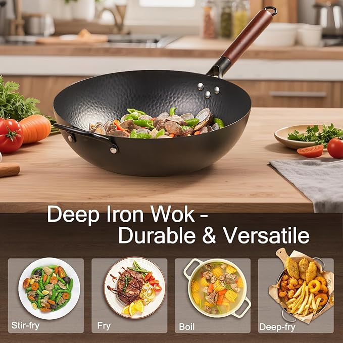 Wrought Iron Flat Bottom Wok with Glass Lid ??Detachable Wooden Handle, Non-Coated Naturally Nonstick Frying Pan for Gas, Electric & Induction Stoves (Black Wok with Helper Handle, 13.4 inch)