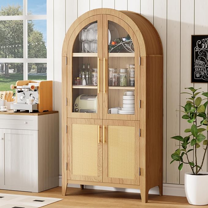63??Arched Kitchen Pantry Cabinet ??5-Tier Modern Farmhouse Storage Cabinet w/Glass & Fluted Doors, Adjustable Shelves Bookcase for Kitchen, Living Room, Entry, Office, Engineered Wood, Oak