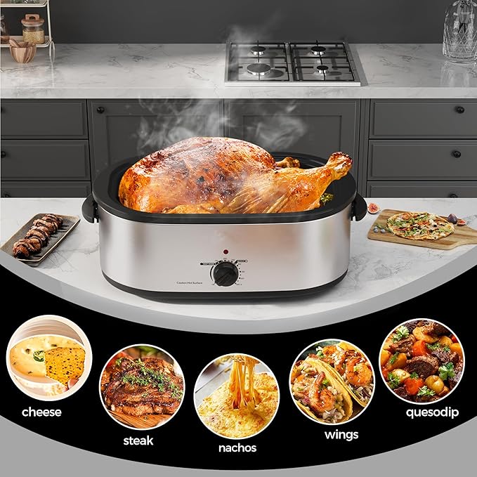 20 Quart Roaster Oven with Self-Basting Lid, Large Electric Turkey Roaster Oven with Defrost & Warm Function, Adjustable Temperature, Removable Pan & Rack, Stainless Steel, Silver