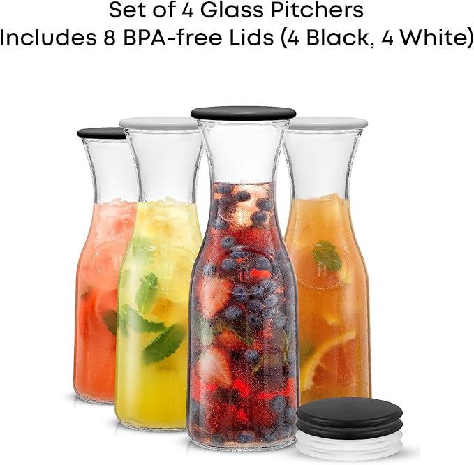 JoyJolt Glass Carafe with Lid, Set of 4 ??1 Liter Glass Pitcher for Mimosa Bar, Water, Iced Tea, Juice, Wine, Lemonade, Milk ??Dishwasher Safe Beverage Drink Dispensers for Brunch, Parties