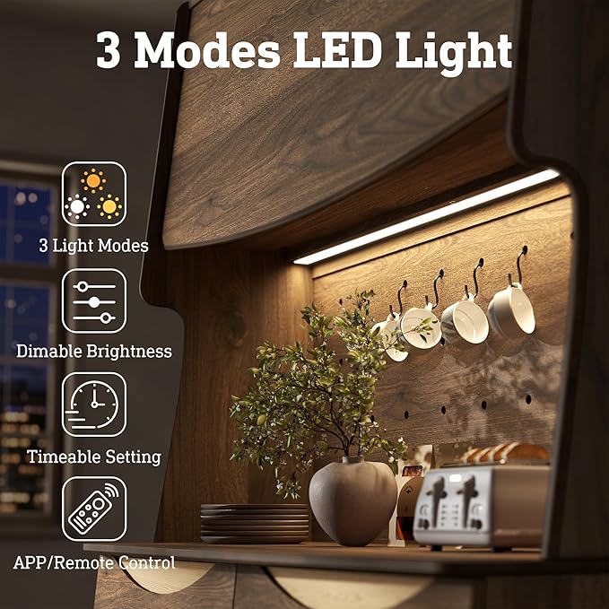 STO'SENSE 72?쇺?Kitchen Pantry Cabinet w/Power Outlets, Tall Storage Cabinet w/LED Light, FILP-up Door & Pegboard, Freestanding Kitchen Hutch w/Drawers, Solid Wood Handles (Walnut)