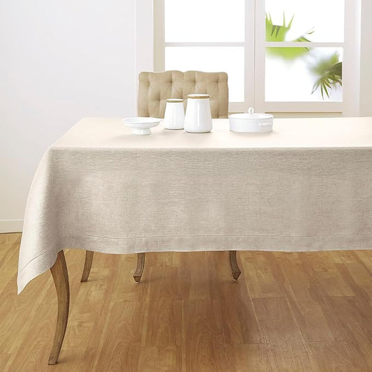 Solino Home Light Natural Linen Tablecloth 60 x 132 Inch - Classic Hemstitch, 100% Pure Linen Rectangular Tablecloth - Machine Washable Table Cloth for Spring, Easter