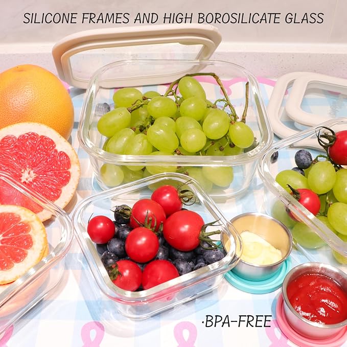 Glass Food Storage Containers with Silicone Glass Lids, 304 Stainless Steel Salad Dressing Containers, Microwave-safe LeakProof Food Containers Set, 100% Plastic Free-4-pack（White）