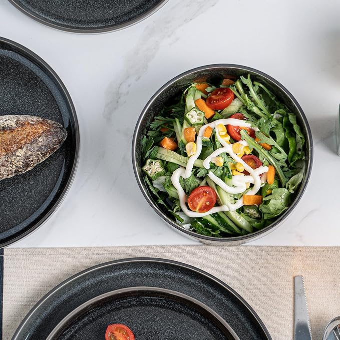 Stoneware Dinnerware Sets, Plates and Bowls Set for 4, 12-Piece Modern Stoneware Dinnerware ??Chip Resistant, Non-Toxic, Dishwasher and Microwave Safe Tableware竊똆lossy Black
