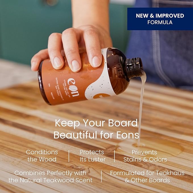 Teakhaus Carving Board and Cutting Board Oil Set - Includes Medium (M) Wood Cutting Board with Grip Handles and EON Food Grade Mineral Oil - Knife-Friendly - FSC Certified