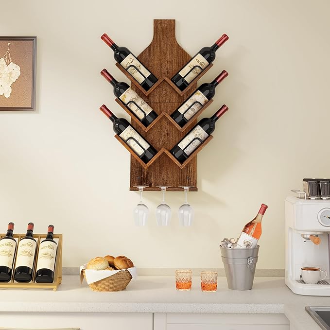 Hoctieon Wine Rack Wall Mounted, 6 Bottles Wood Wine Rack for Display and Storage, Hanging Bottle Holder Bar Shelves for Living Room, Kitchen, Dining Room, Wine Cellar, Rustic Brown