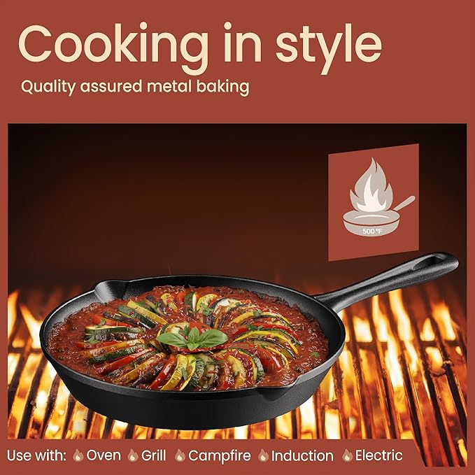 Bakken Pre Seasoned Cast Iron Skillet with Glass Lid & Silicone Handle,10" Frying Pan for Stove, Oven, Grill & Induction, Even Heat Distribution, Versatile All-Purpose Cookware for Searing & Frying