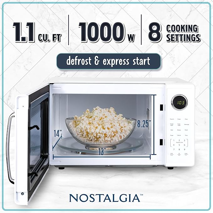 Nostalgia Retro 1000W Microwave Oven 1.1 Cu Ft Capacity ??Child Safety Lock, 8 Auto-Cook Settings ??Countertop Kitchen Appliance ??White
