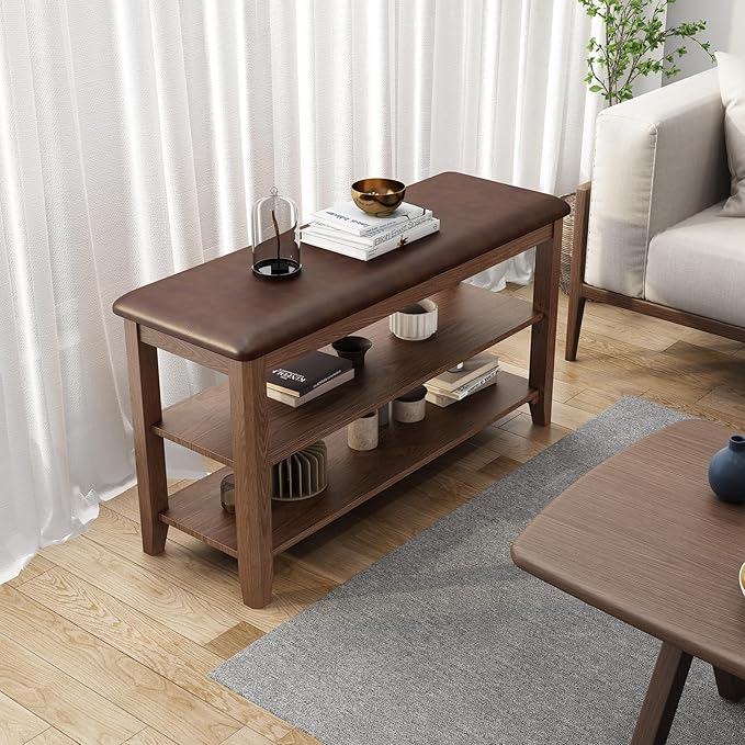 AQIMUELE Wood Shoe Rack Bench for Entryway, Shoe Rack for Front Door Entrance with Leather Cushion, 2 Tier Shoe Bench with Shoe Storage for Entryway, Bedroom.