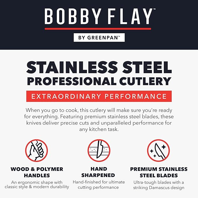 GreenPan x Bobby Flay 5??& 7??Santoku Knife Set, Premium Stainless Steel Blades, Precision Cutting Kitchen Tools, Ultra-Sharp Cutlery, Hand Finished Ergonomic Wood Handle, Damascus Steel Design