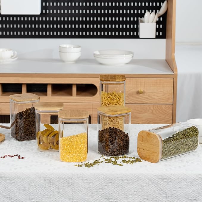 52oz Airtight Glass Square Storage Canister with Bamboo Lid Set of 3 (1550ml) Container Stackable Spice Jar, Kitchen Canister for Flour, Cookies, Cereal and Coffee beans (?럚ith Black Lable)