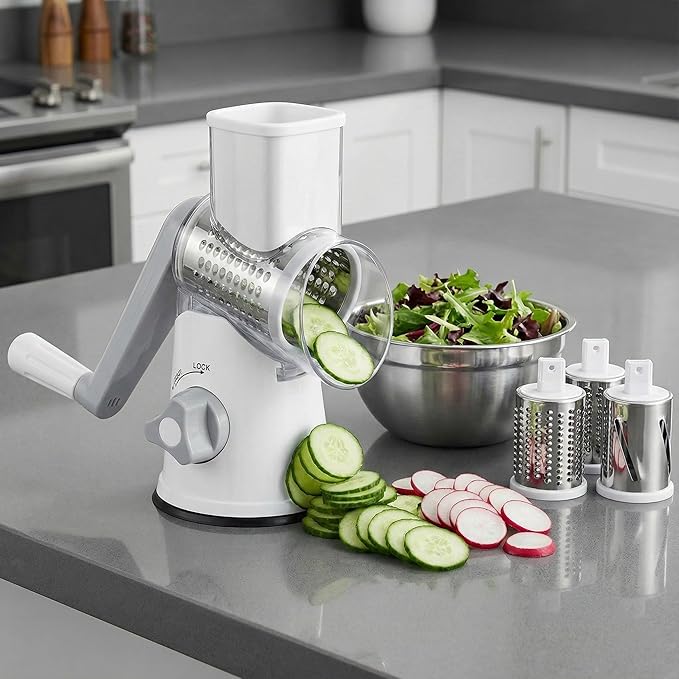 Manual Multi-Function Vegetable Slicer & Grater ??Interchangeable Blades for Shredding, Slicing, Shaving (Vegetables, Cheese, Nuts) (1, White)