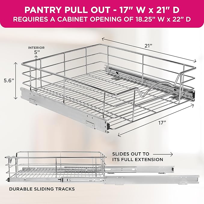 HOLDN??STORAGE Heavy-Duty Premium Collection Pull Out Cabinet Organizer, Cabinet Drawer Slide Outs, Lifetime Limited Warranty - Basket Size 17" W x 21" D x 5" H, Anti-Rust Chrome Finish