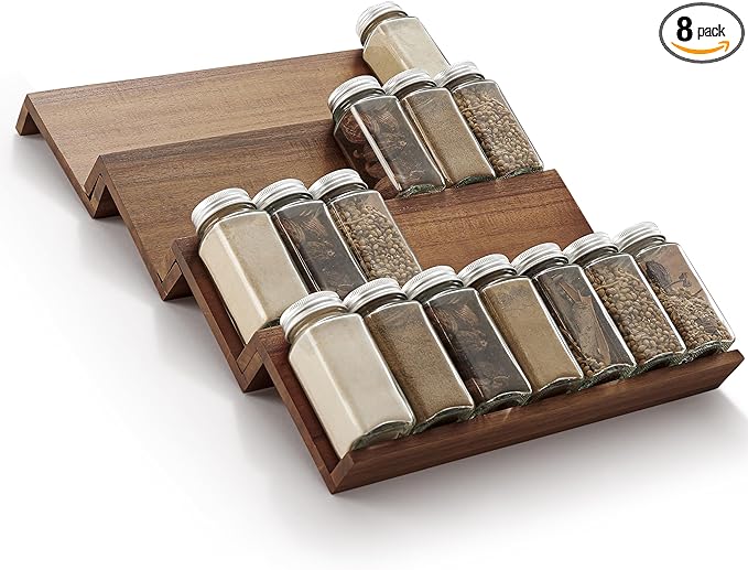 Tinamo Acacia Wooden Spice Rack Organizer for Cabinet - Spice Drawer Insert, Spice Organization for Cabinet, Seasoning Organizer, Spice Holder Pack of 8 (Walnut, Pack 4)