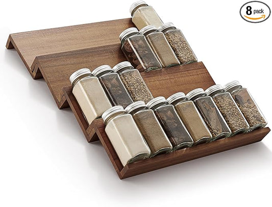 Tinamo Acacia Wooden Spice Rack Organizer for Cabinet - Spice Drawer Insert, Spice Organization for Cabinet, Seasoning Organizer, Spice Holder Pack of 8 (Walnut, Pack 4)