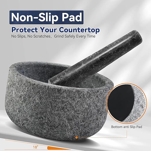 Koville Granite Mortar and Pestle Set, 6.3"-2 Cups Unpolishesd Stone Grinder Bowl for Guacamole, Salsa, Pill Crusher, Spice, Herb, Garlic, Nut, Heavy Duty Grinder for Kitchen(Angola Silver Black)