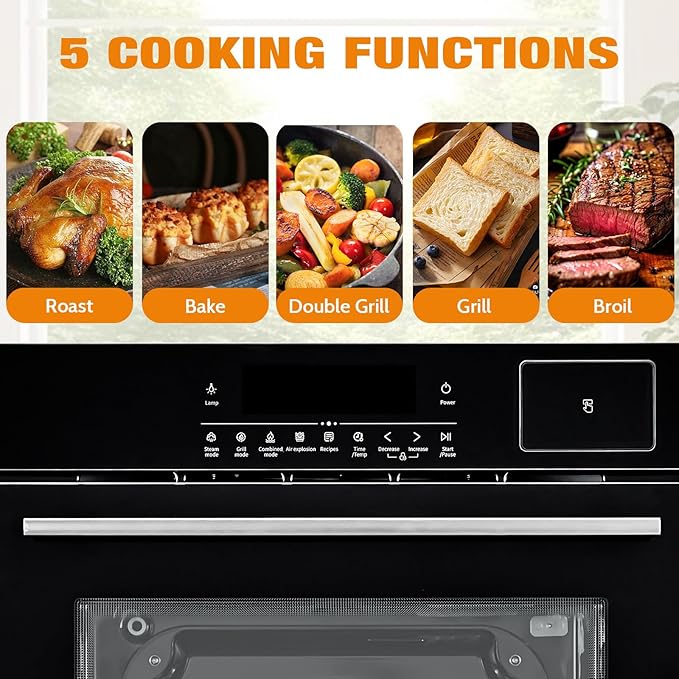 24" Built-in Single Wall Oven, 2.5 Cu.Ft (70L) Capacity - Electric Oven with Steam Bake, Air Fry & 3D Convection, Touch Controls, Timer, Safety Lock, Triple-Layer Glass Door, 3000W 240V, Black