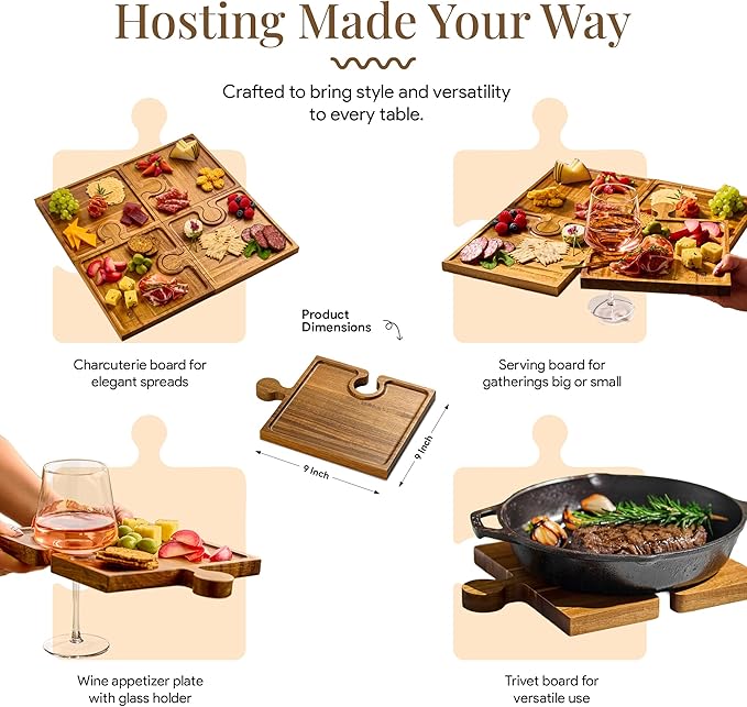 Wooden Charcuterie Boards, Appetizer Tray for Parties & Cutting Board with Handle, Set of 4, Acacia Wood Board, Wine Gifts, Wine Accessories, Interlocking Puzzle Serving Tray w/Storage Box