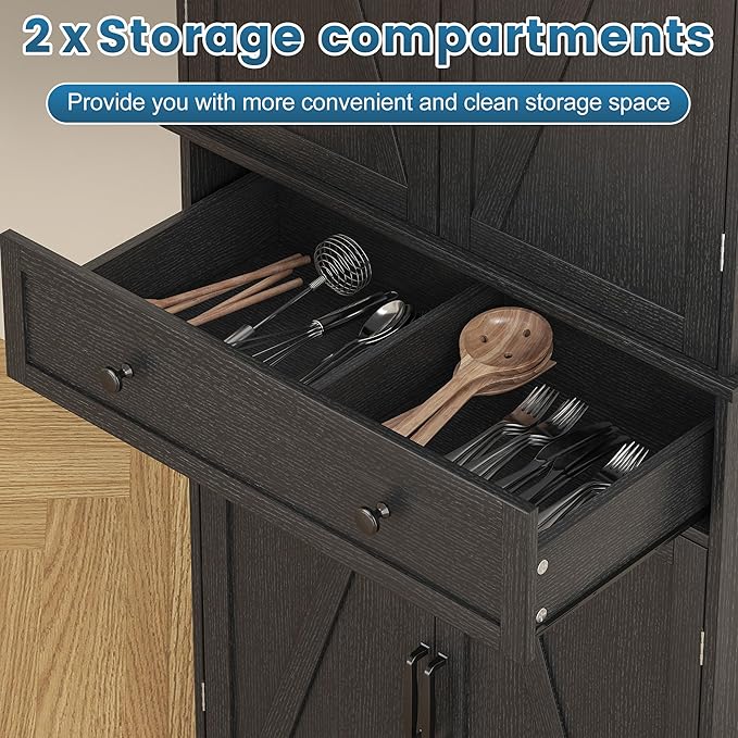 72" Tall Kitchen Pantry Cabinet, Black Pantry Storage Cabinet with Adjustable Shelves, Barn Doors and Drawer, Farmhouse Cupboard for Kitchen, Dining Room, Bathroom (16" D x 30" W x 72" H)