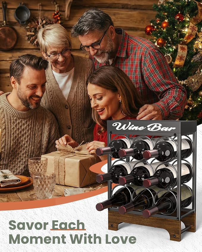 Countertop Wine Rack - 9 Bottle Freestanding with Top Tray, Modern Black Metal &Wood, 3 Tier Tabletop Wine Holder Stand for Home Kitchen Bar, Cabinet, Pantry, Wine Bottle Storage