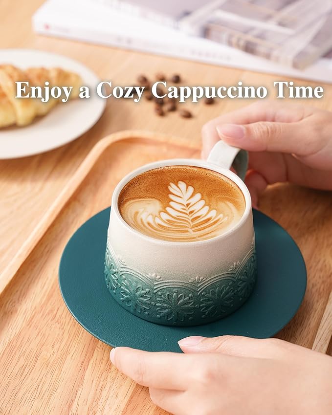 ZENS 7.3 Ounce Cappuccino Mug Set of 2, Artistic Embossed Cappuccino Cups Set with Saucers, Ceramic Coffee Cups for Double Espresso, Au Lait, Latte or Tea, Coffee Lovers Gifts, Dark Green