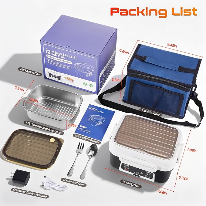 Cordless Electric Heated Lunch Box, XL 6.3Cups 20000mAh Rechargeable Food Warmer Lunch Box with Self Heating, Smart Timer, Adjustable Temperature, Leakproof, BPA Free, Removable Tray Divider