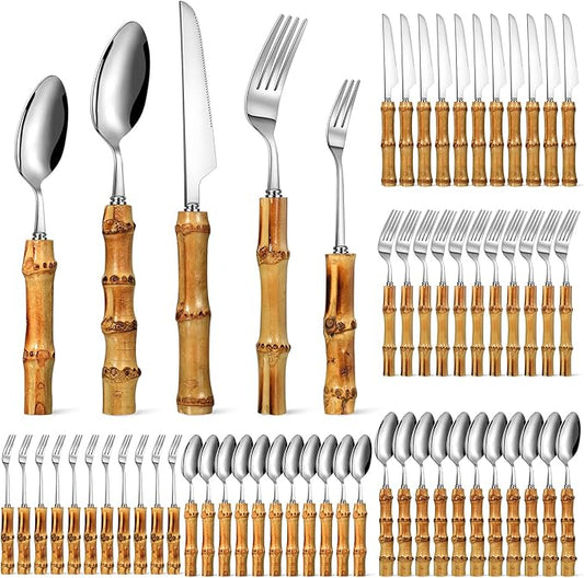 Eboot Bamboo Silverware Set 18/8 Stainless Steel Tableware Set Natural Utensil Flatware Kit Spoon Fork Knives Bamboo Handle Cutlery for Kitchen Wedding Home Restaurant Party(Silver,60 Pieces)