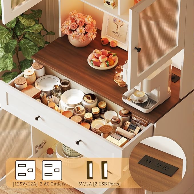 71" Pantry Cabinet with LED Lights and Charging Station, Kitchen Pantry Storage Cabinet with Large Drawer, 4 Doors and 3 Adjustable Shelves, Kitchen Cabinets with Countertop, Light White