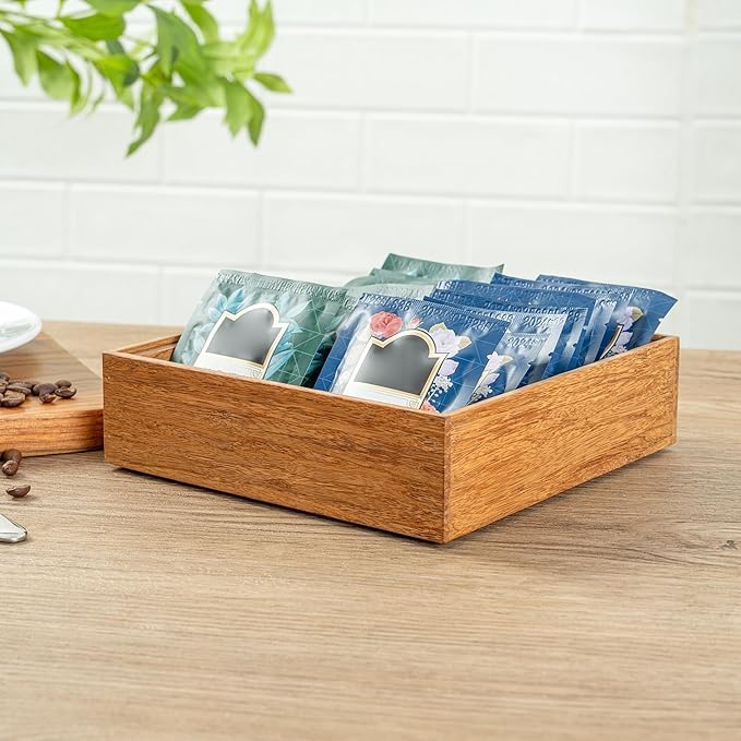 Restaurantware Eco Display 7 Inch x 7 Inch x 2 Inch Bamboo Condiment Container, 1 Large Spice Box - Chip-Resistant, For Seasoning, Spices, Condiments, Natural Bamboo Bamboo Organizer Box