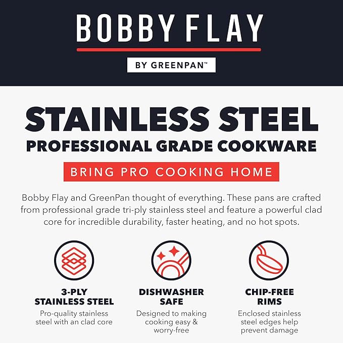 GreenPan x Bobby Flay 10 Piece Stainless Steel Cookware Set, Tri-Ply Multiclad Pots & Pans, Professional Grade, Oven & Broiler Safe to 600째F, Dishwasher Safe, Durable, Induction Compatible, Silver