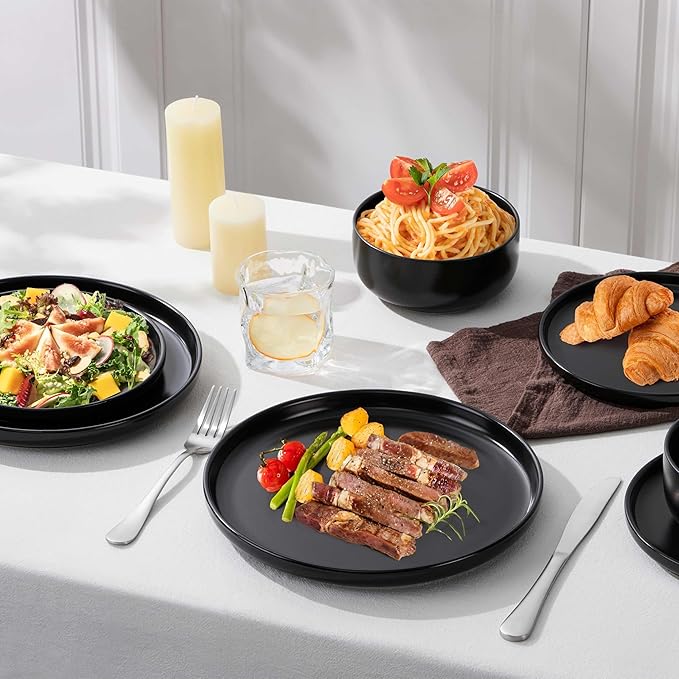 Herogo 18 Pieces Stoneware Dinnerware Sets Service for 6, Dinner Plates and Bowls Sets, Double Reactive Glaze Dishes Set for Kitchen, Scratch Resistant, Microwave & Dishwasher Safe, Matte Black