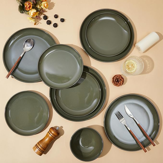 Pokini 24 Piece Dinnerware Set for 8, Santorini Mist Terracotta Plates and Bowls Sets, Complete Stoneware Dish Set for Large Families and Entertaining, Microwave & Dishwasher Safe, Blackish Green