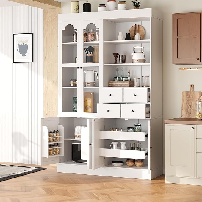 75-inch Tall Kitchen Pantry Cabinet, Freestanding Buffet with Hutch, Storage Cabinet with 4 Drawers, Door Shelves and Pull-Out Trays for Dining Room (White + MDF + Farmhouse)