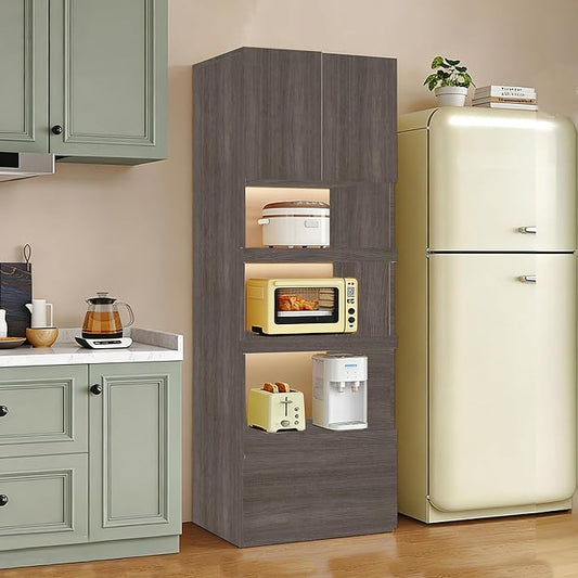 LINLIUA 71'' Tall Kitchen Pantry Cabinet, Wood Pantry Storage Cabinet with Doors, 3 Pull-Out Shelves and Drawer, Modern Slim Kitchen Hutch for Dining Room Small Space