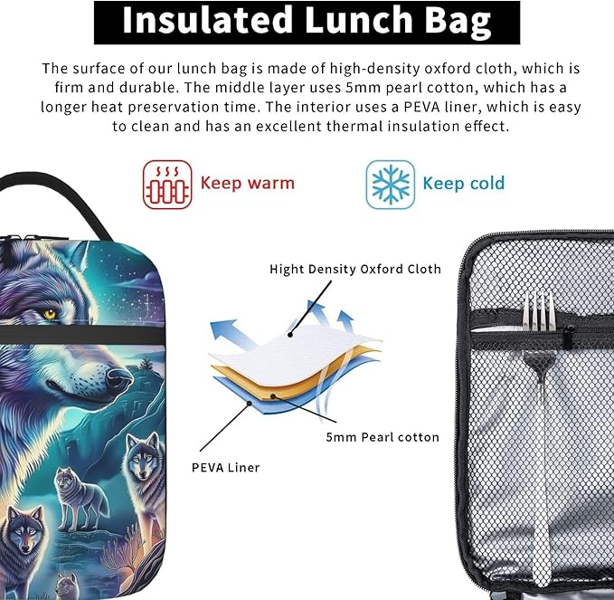 VANZEV Wolf Lunch Box for Adults Women Girls Boys Kids Animal Lunch Box Insulated Cooler Reusable Lunch Bag Container Gifts for Work Office Picnic Travel School