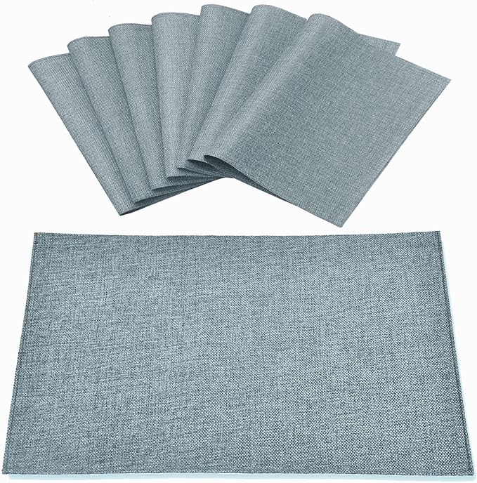 Rinpon Cloth Placemats Set of 8, Linen Type Fabric Placemats Machine Washable Heat Resistant Placemats Polyester Place Mats for Halloween, Thanksgiving and Christmas Dining Table (Light Gray)