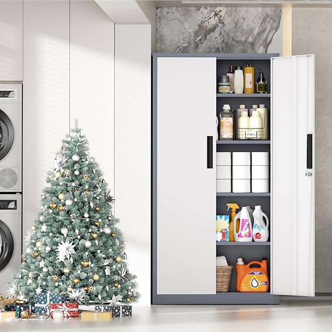 INTERGRAET 63" Tall Pantry Cabinet,Kitchen Pantry Storage Cabinets with 2 Doors and 4 Shelves,Gray White Metal Storage Cabinet,Cupboard for Home,Kitchen,Living Room/Dining