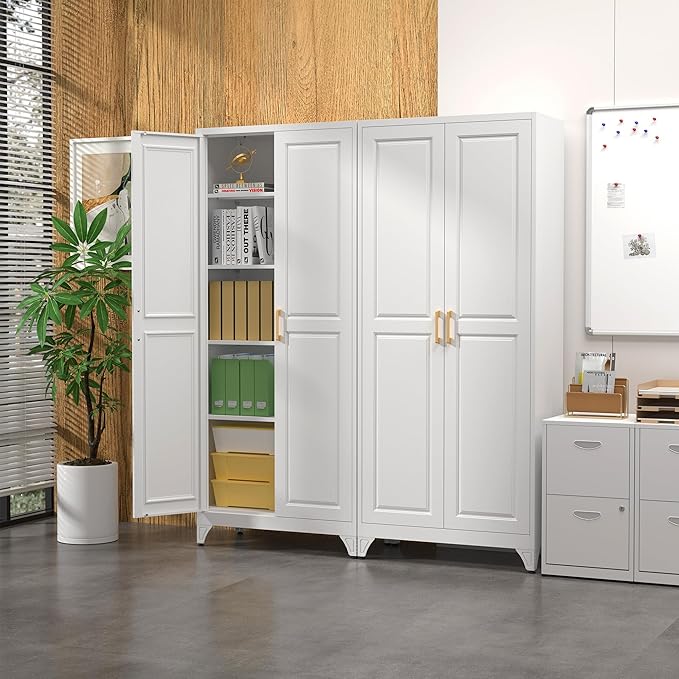 Kitchen Pantry Cabinet,75?쓂hite Metal Storage Cabinets with Doors and 4 Adjustable Shelves,Kitchen Cabinet with 2 Gold Handles,Tall Cabinet for Livingroom,Pantry, Bathroom