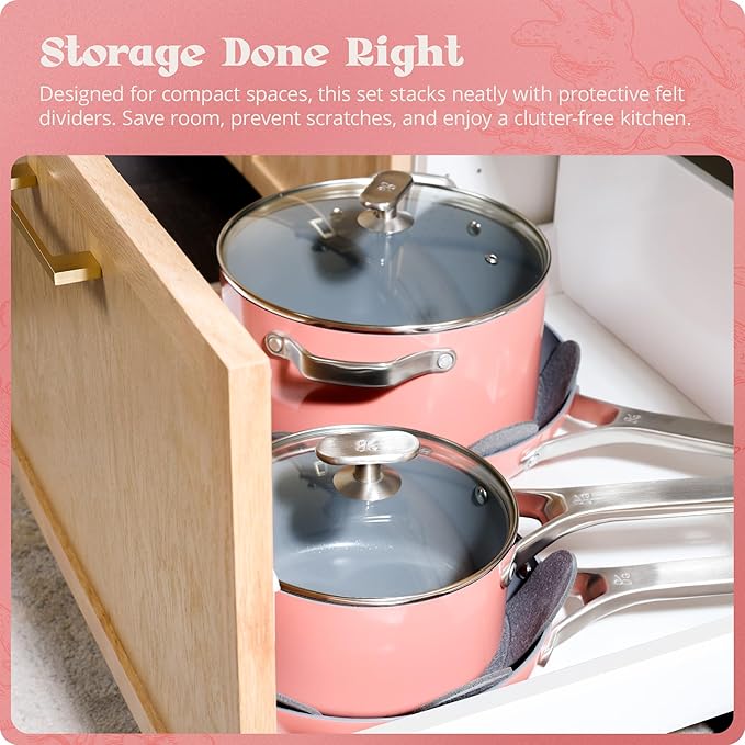 Premium Non-Toxic Ceramic Cookware Set ??Triple-Layer Nonstick 12 Piece Pots and Pans with Lids, PFAS-Free, Oven Safe for Healthy Meals, Space-Saving Design, Coral Pink Color | Greater Goods