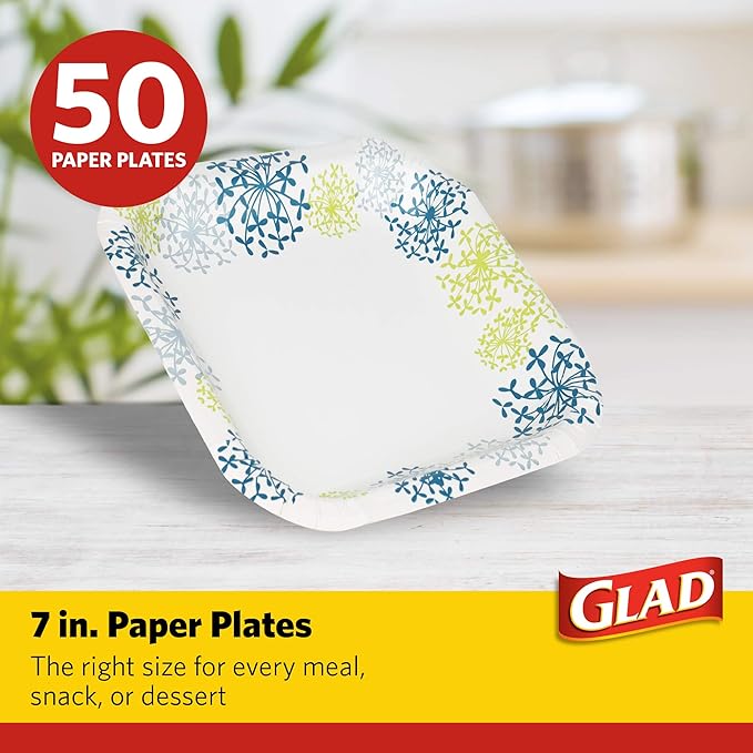 Glad Square Disposable Paper Plates, Blue Hydrangea Pattern - Strong, Sturdy, Soak Proof, and Microwavable Decorative Plates for Dinner and Everyday Use, 7 Inch, 50 Count